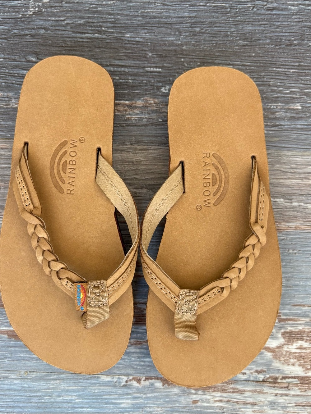 New Rainbow flirty braidy Kids Tan Flip Flops size 11/12